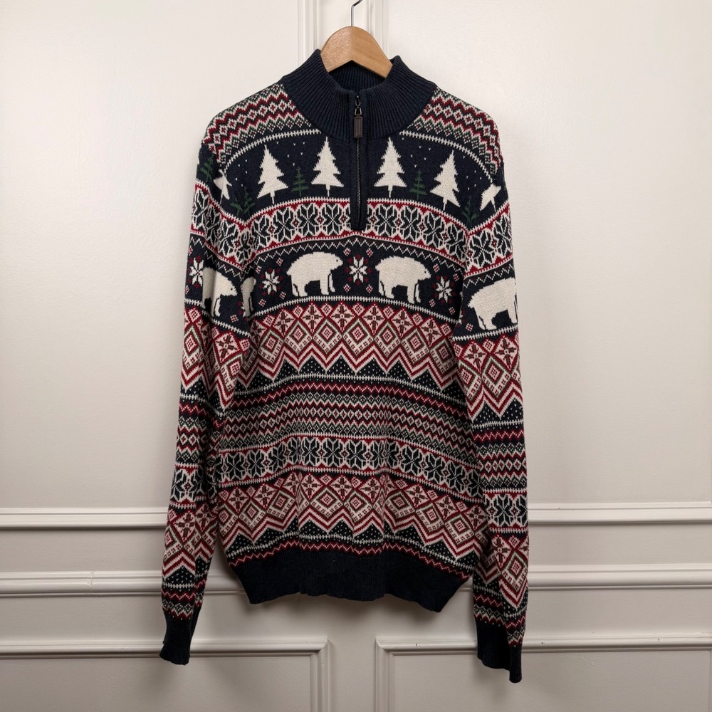 Aspen XL Fair Isle Polar Bear Quarter‎ Zip Sweater Navy Blue Cotton Knit